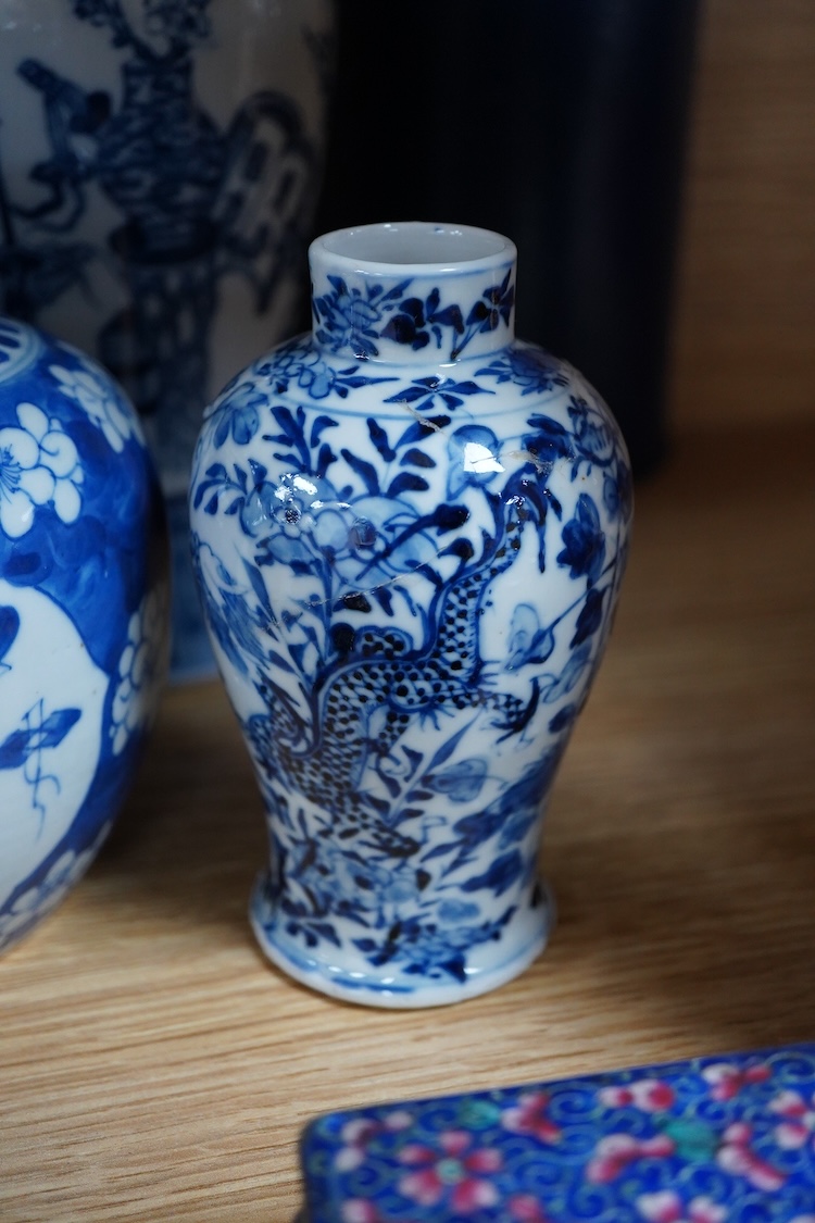 A pair of Chinese blue and white vases and covers and three other items, together with Japanese ceramics, cloisonné and Canton enamelware (11)